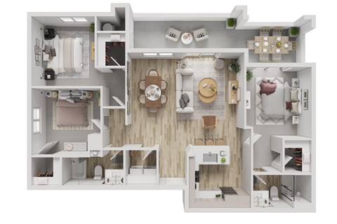 A 3D floor plan of a small apartment with a kitchen, living room, and bedroom.